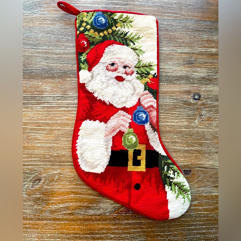 WOOL NEEDLEPOINT CHRISTMAS SANTA STOCKING WITH RED VELVET BACKING - Picture 1 of 5